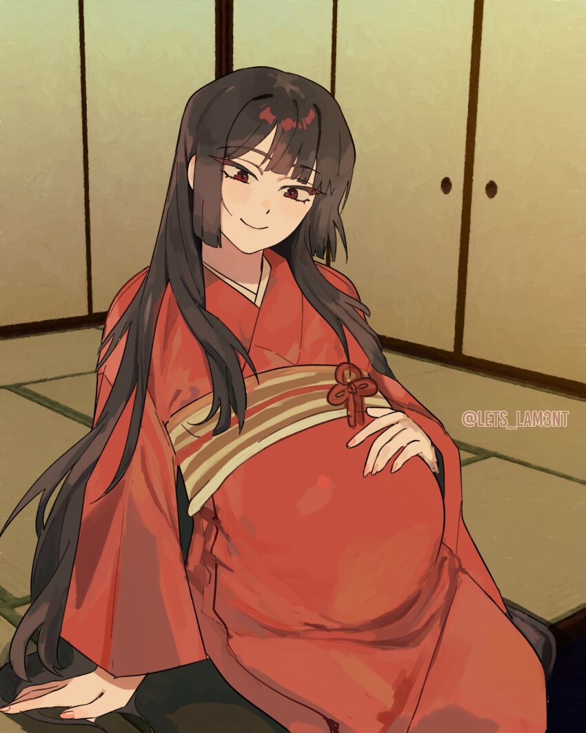 1girl, artist_name, black_hair, blunt_bangs, commentary, english_commentary, hand_on_own_stomach, highres, indoors, japanese_clothes, kimono, lets_lam3nt, limbus_company, long_hair, pregnant, project_moon, red_eyes, red_kimono, ryoshu_(project_moon), sidelocks, sitting, smile, solo, twitter_username, very_long_hair