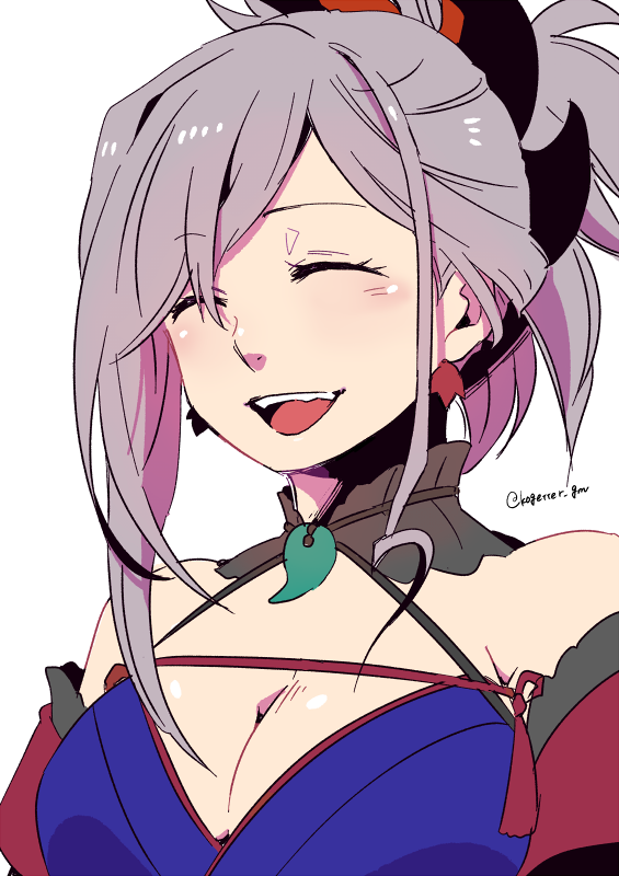 1girl, asymmetrical_hair, breasts, cleavage, closed_eyes, commentary_request, earrings, fate/grand_order