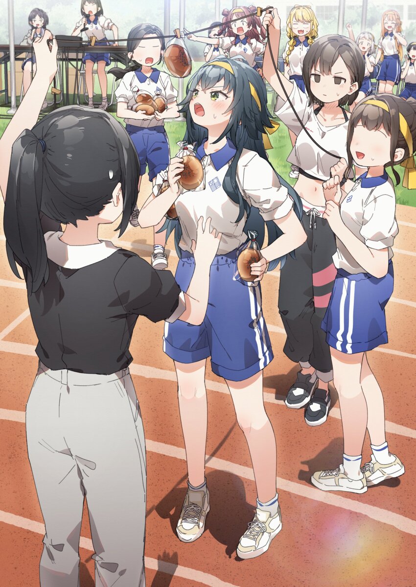 6+girls, absurdres, anpan, bare_legs, black_hair, blank_eyes, blue_shorts, brown_hair, collared_shirt, cropped_shirt, dance_trainer_(gakuen_idolmaster), faceless, faceless_female, food, fujita_kotone, gakuen_idolmaster, green_hair, gym_shorts, gym_uniform, hair_flaps, hanami_saki, headband, highres, idolmaster, katsuragi_lilja, long_hair, looking_at_another, looking_at_food, mashiro_yu, multiple_girls, navel, open_mouth, pointing, ponytail, running_track, shirt, shirt_tucked_in, shiun_sumika, shoes, short_sleeves, shorts, sneakers, sports_festival, stomach, sweatdrop, t_t, tsukimura_temari, v-shaped_eyebrows, very_long_hair, white_shirt, white_shoes, yellow_headband, you're_doing_it_wrong, yukie_(kusaka_shi)