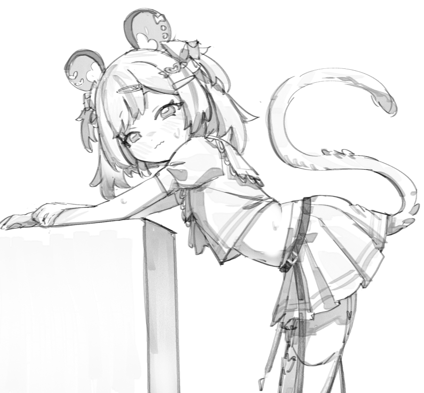 1girl, animal_ears, blush, crop_top, greyscale, hair_ornament, hairclip, highres