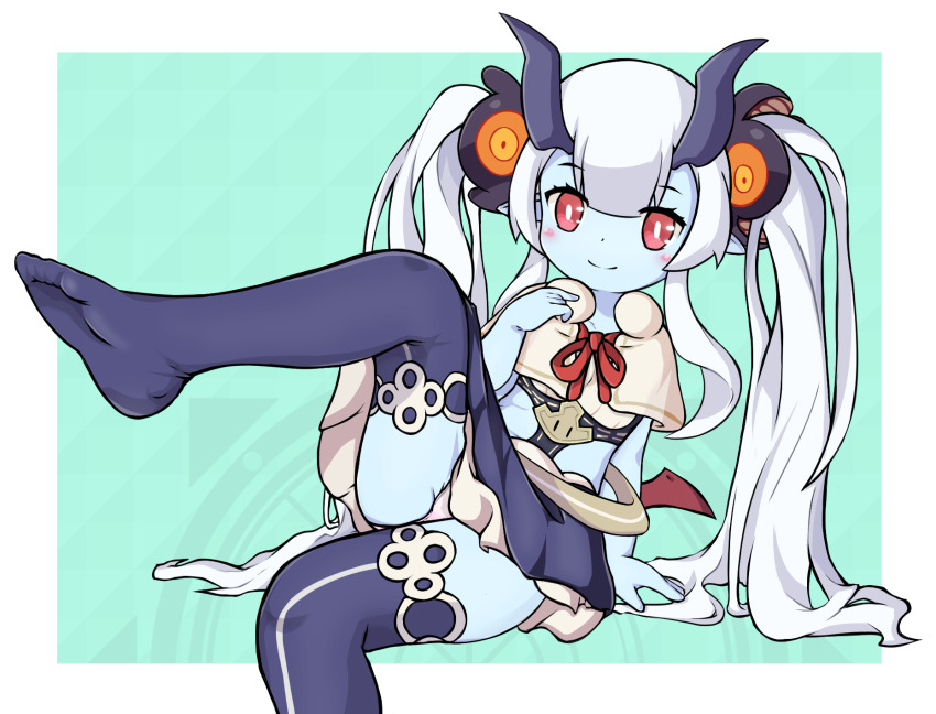 1girl, arum_(world_flipper), blue_horns, blue_skin, blue_skirt, capelet, colored_skin, foot_out_of_frame