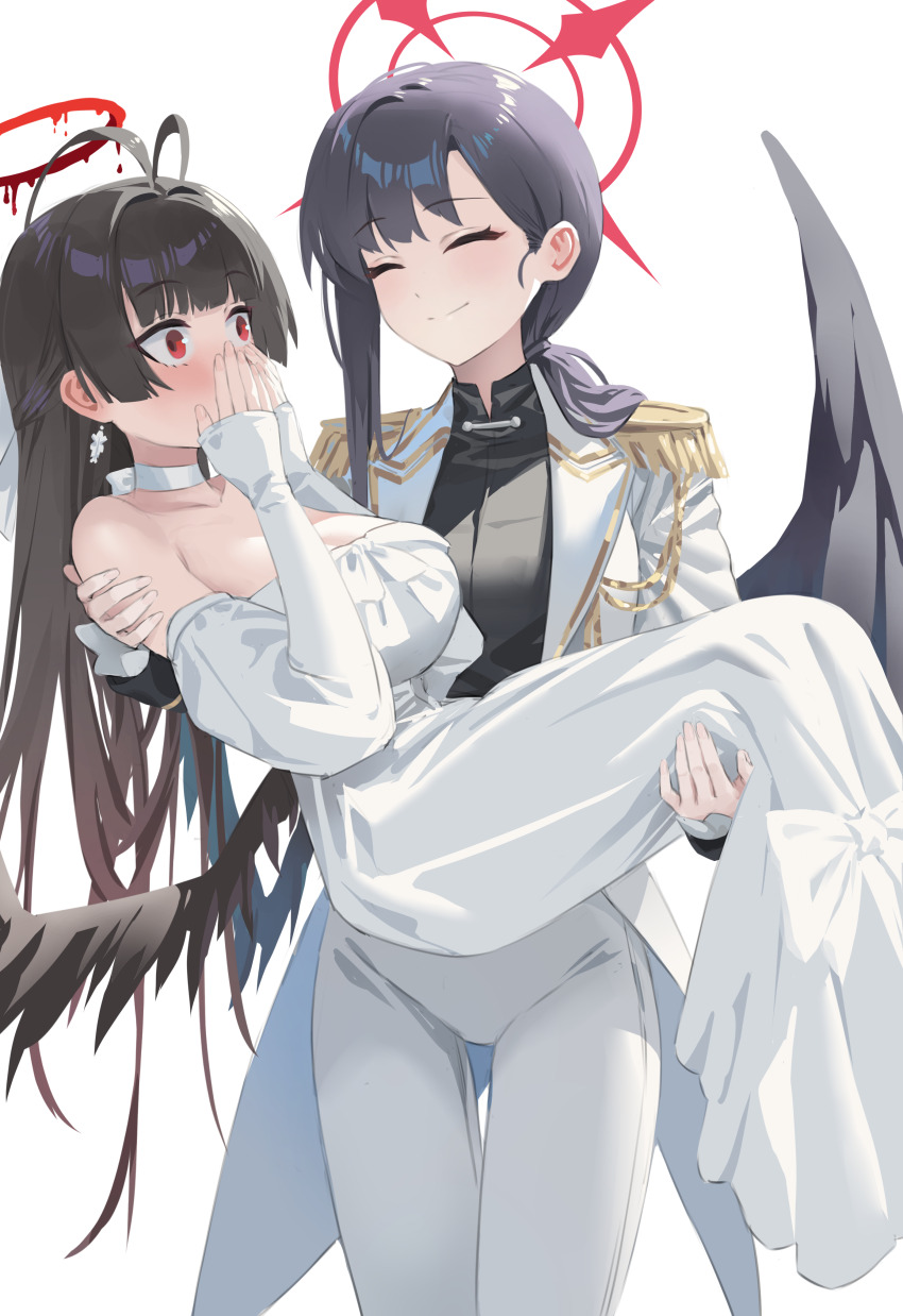 2girls, absurdres, black_hair, black_shirt, black_wings, blue_archive, blush, carrying