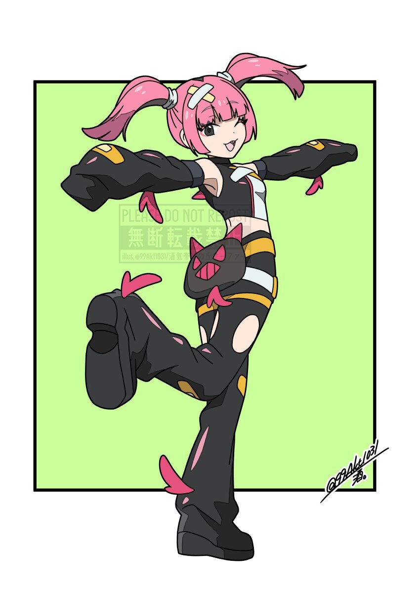 1girl, 99akt1031, ;d, absurdres, belt, border, breasts, coral_(pokemon)