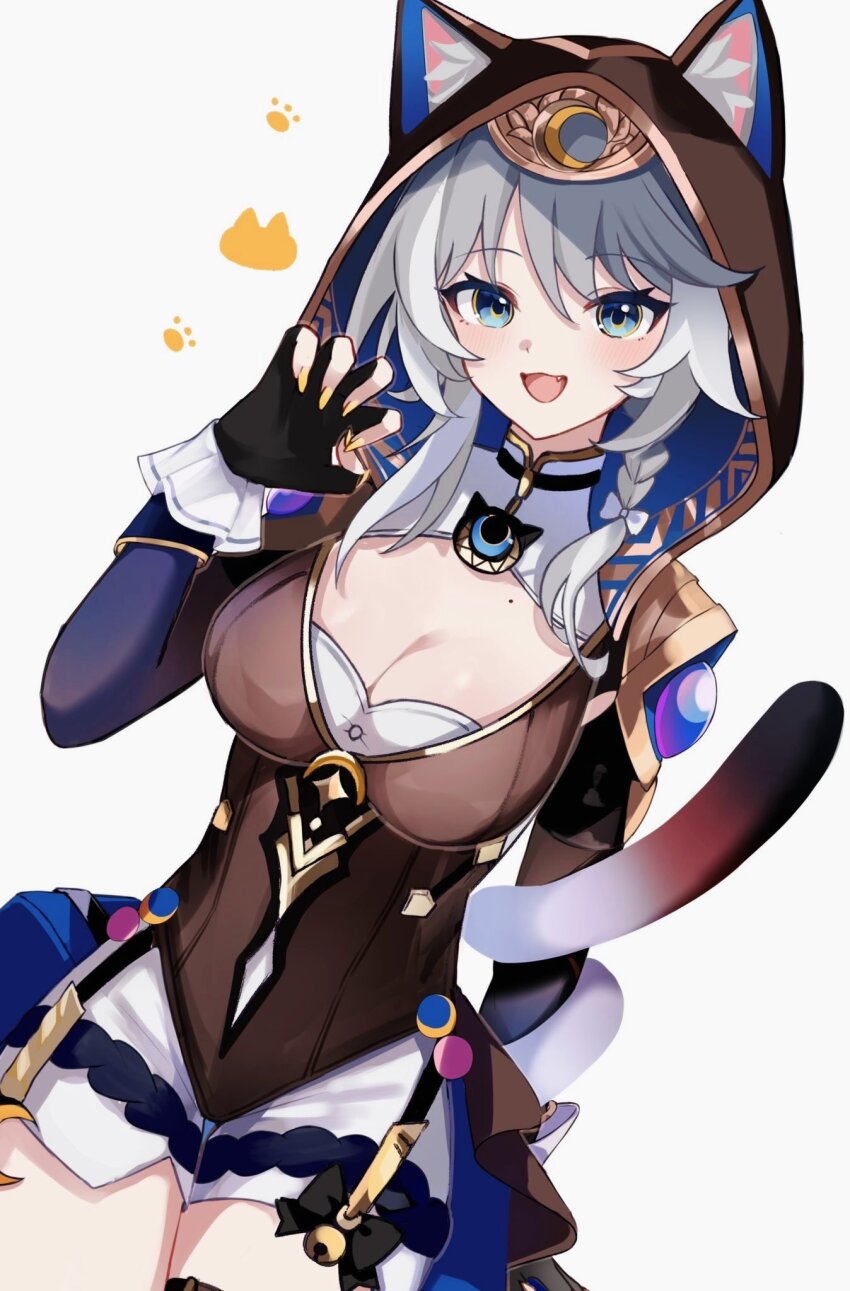 1girl, animal_ears, animal_hood, black_gloves, black_leotard, blue_eyes, breasts, cat_ears, cat_girl, cat_hood, cat_tail, cipher_(honkai:_star_rail), cleavage, commentary, fingerless_gloves, gloves, grey_hair, highres, honkai:_star_rail, honkai_(series), hood, hooded_leotard, large_breasts, leotard, looking_at_viewer, mole, mole_on_breast, short_hair, shorts, simple_background, solo, tail, tdatnst, thighs, white_background, white_shorts, yellow_nails