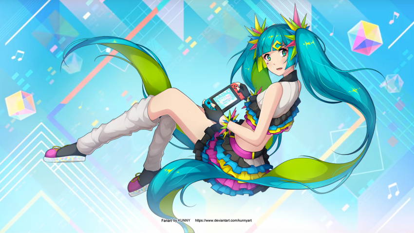 1girl, absurdly_long_hair, black_shoes, blue_background, blunt_bangs, catch_the_wave_(vocaloid), colored_inner_hair, crop_top