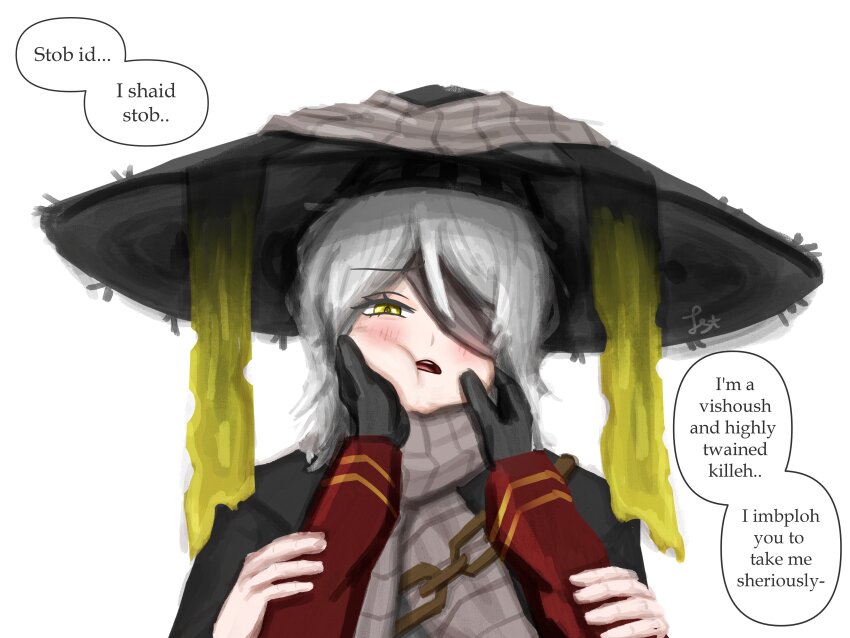 1girl, absurdres, ajirogasa, bandage_over_one_eye, black_gloves, blush, coat, conical_hat, dante_(limbus_company), english_text, faust_(project_moon), gloves, grey_scarf, hat, heishou_pack-mao_branch_(identity)_(project_moon), highres, limbus_company, long_sleeves, looking_at_viewer, one_eye_covered, open_mouth, project_moon, red_coat, rice_hat, scarf, senlidoesstuff, short_hair, simple_background, solo_focus, speech_bubble, white_background, white_hair