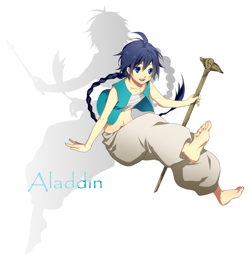 1boy, aladdin_(magi), bad_id, bad_pixiv_id, baggy_pants, barefoot, braid, character_name