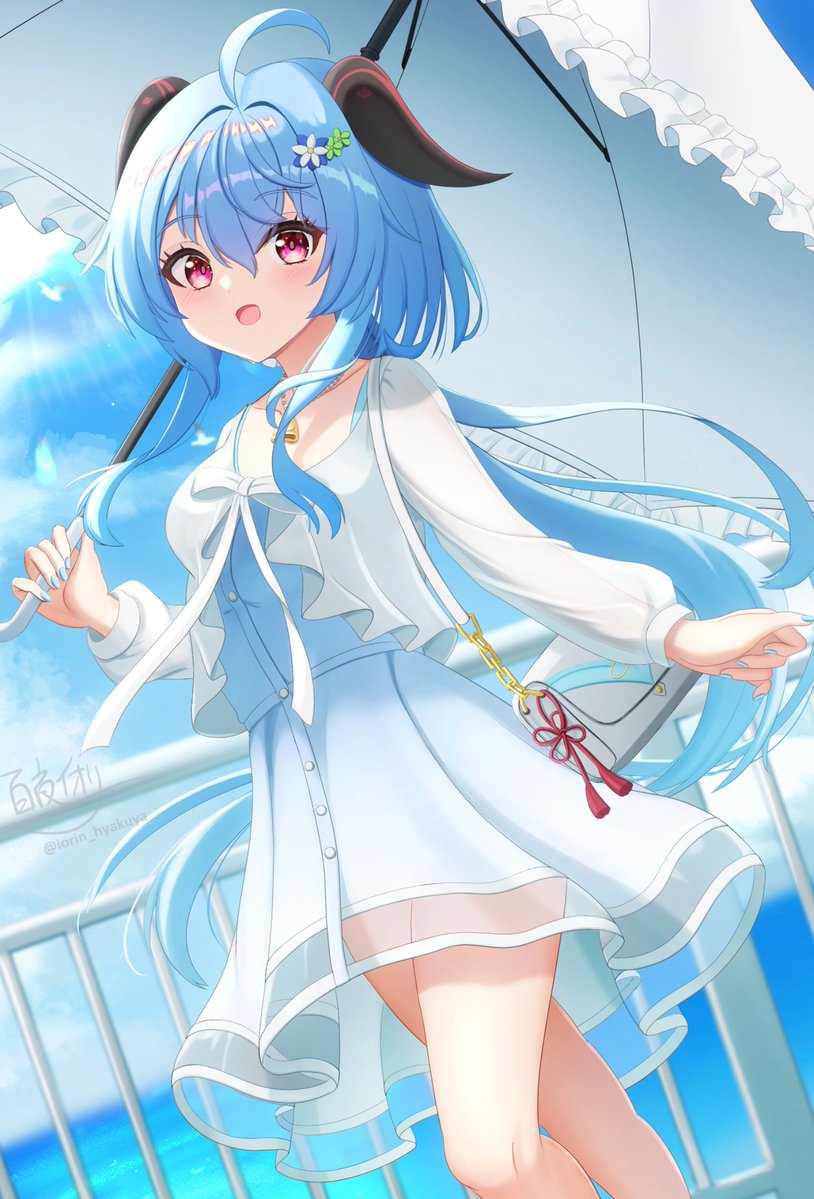 1girl, :o, ahoge, alternate_costume, bag, blue_hair, blue_nails, blush