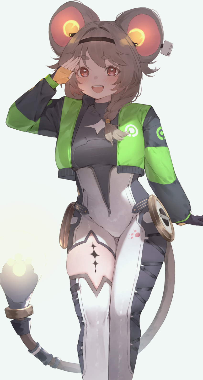 1girl, arm_up, black_bodysuit, bodysuit, braid, brown_hair, commentary, cropped_jacket, fingerless_gloves, gloves, gojek, green_jacket, highres, jacket, light_bulb, long_sleeves, looking_at_viewer, lumi_(wuthering_waves), multicolored_bodysuit, open_clothes, open_jacket, open_mouth, red_eyes, salute, short_eyebrows, simple_background, smile, standing, tail, thick_eyebrows, two-tone_bodysuit, white_background, white_bodysuit, wuthering_waves, xaea_xp
