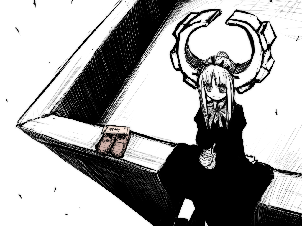 1girl, deus_ex_maki-chan, dress, drink_carton, horns, implied_suicide, juice_box, letter