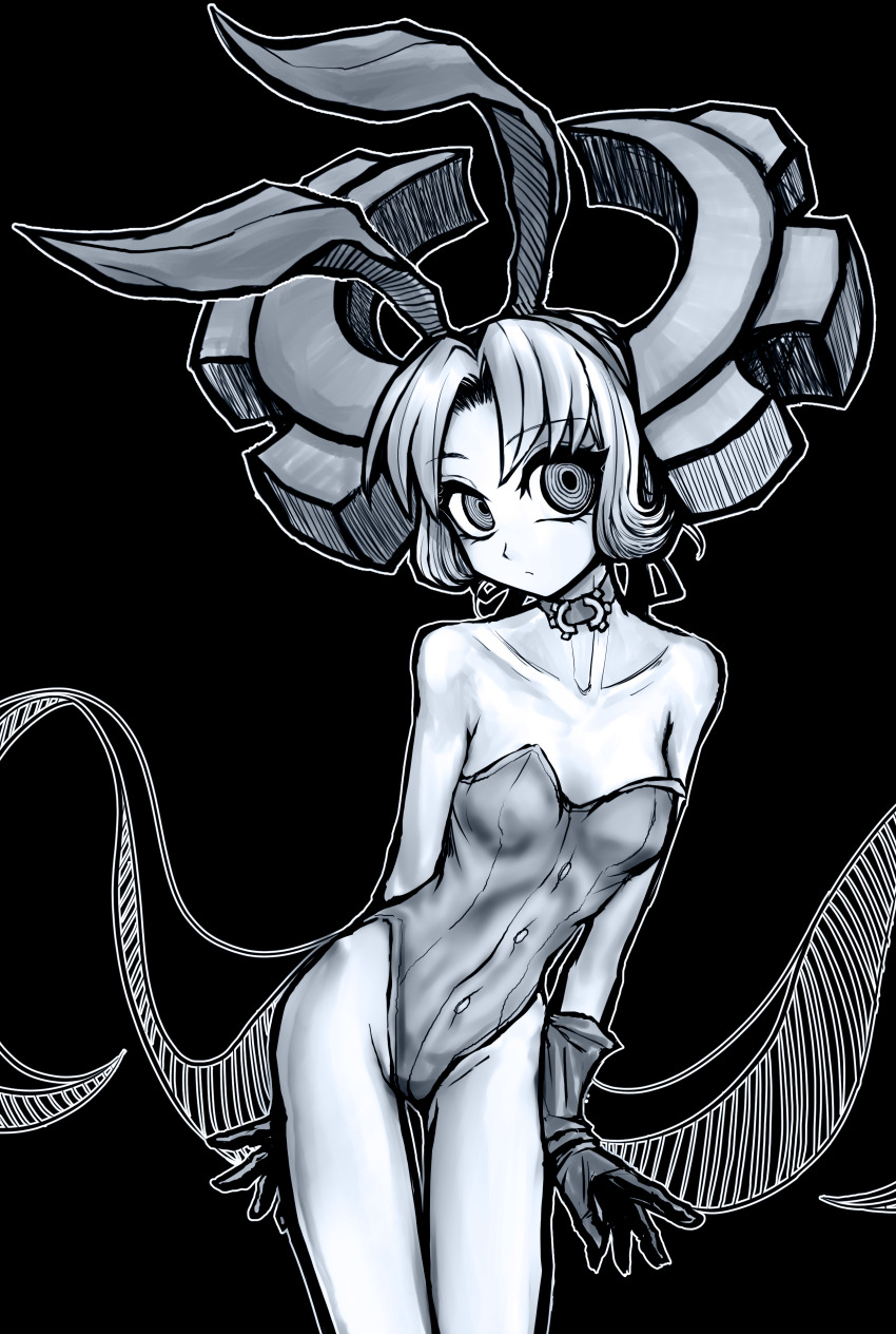 1girl, absurdres, breasts, deus_ex_maki-chan, expressionless, gloves, greyscale, hair_up