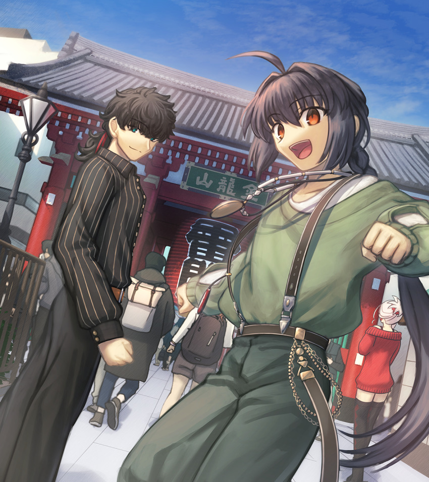 1boy, 1girl, 1other, belt, black_pants, black_pantyhose, blue_sky, braid, braided_ponytail, coat, collared_shirt, fate/grand_order, fate/samurai_remnant, fate_(series), green_coat, hair_between_eyes, hair_bun, hairband, highres, japanese_clothes, jewelry, kaminarimon, lamppost, lantern, long_sleeves, looking_at_another, miyamoto_iori_(fate), miyamoto_musashi_(fate), miyamoto_musashi_(pasela_resorts)_(fate), multiple_boys, necklace, open_mouth, orange_eyes, outdoors, pants, pantyhose, pink_hair, ponytail, red_sweater, shirt, shoori_(migiha), sky, sweater, takeuchi_takashi_(style), topknot, yamato_takeru_(fate), yamato_takeru_(satellite_station_24-25)_(fate)