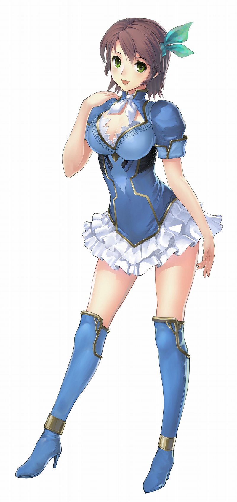 1girl, blush, boots, breasts, brown_eyes, brown_hair, cleavage, female_focus, green_eyes, hair_ribbon, high_heels, highres, kris_iolite, large_breasts, lips, mebius_online, miniskirt, official_art, open_mouth, ribbon, shoes, short_hair, simple_background, skirt, smile, solo, source_request, thigh_boots, thighhighs, tougetsu_gou, white_background