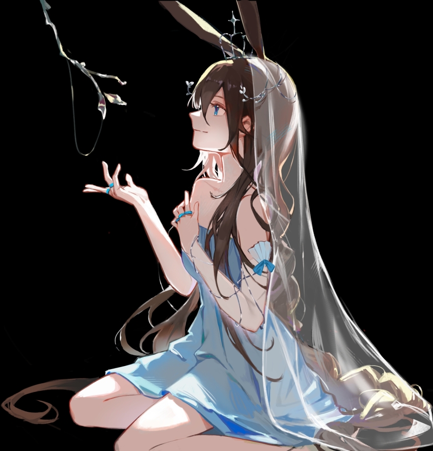 1girl, ambience_synesthesia, amiya_(ambience_synesthesia_2025)_(arknights), amiya_(arknights), animal_ears, arknights, bare_shoulders, black_background, blue_dress, blue_eyes, branch, bridal_veil, brown_hair, closed_mouth, crown, dress, hair_between_eyes, highres, jewelry, light_smile, long_hair, looking_up, multiple_rings, profile, ring, see-through_clothes, simple_background, sitting, solo, veil, very_long_hair, ying_wu_wang_(yuan123)