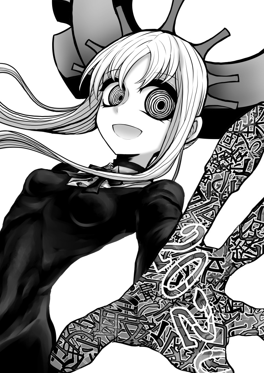 1girl, 2020, absurdres, breasts, commentary_request, deus_ex_maki-chan, dress, greyscale