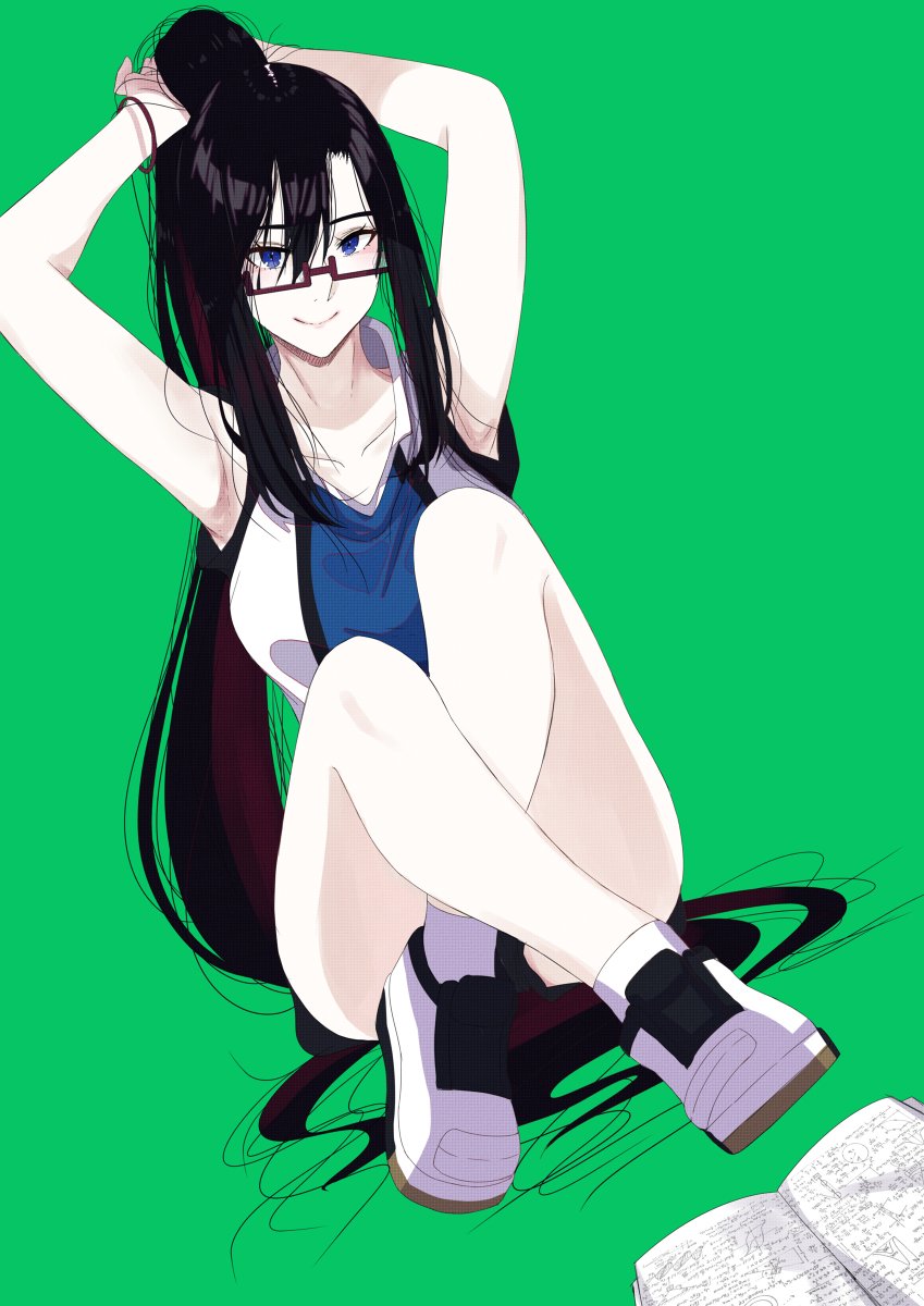 1girl, black_hair, blue_eyes, collarbone, crossed_legs, glasses, green_background, hanebado!
