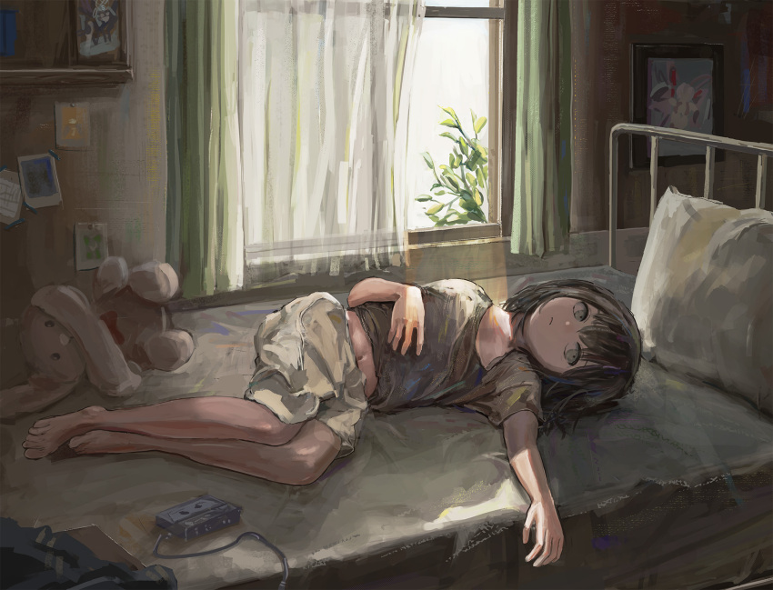 1girl, barefoot, curtains, highres, indoors, katamimi123, lying, midriff