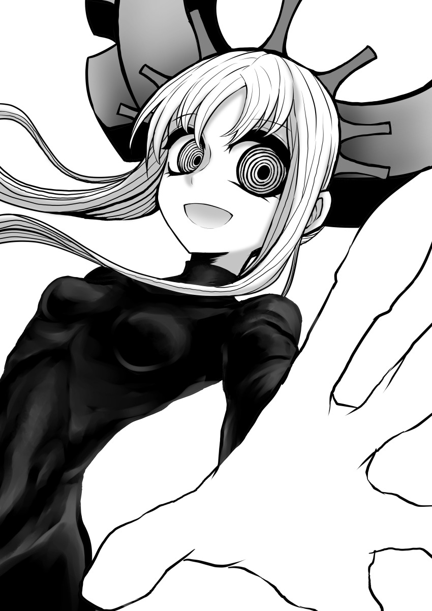 1girl, absurdres, breasts, commentary_request, deus_ex_maki-chan, dress, greyscale, highres