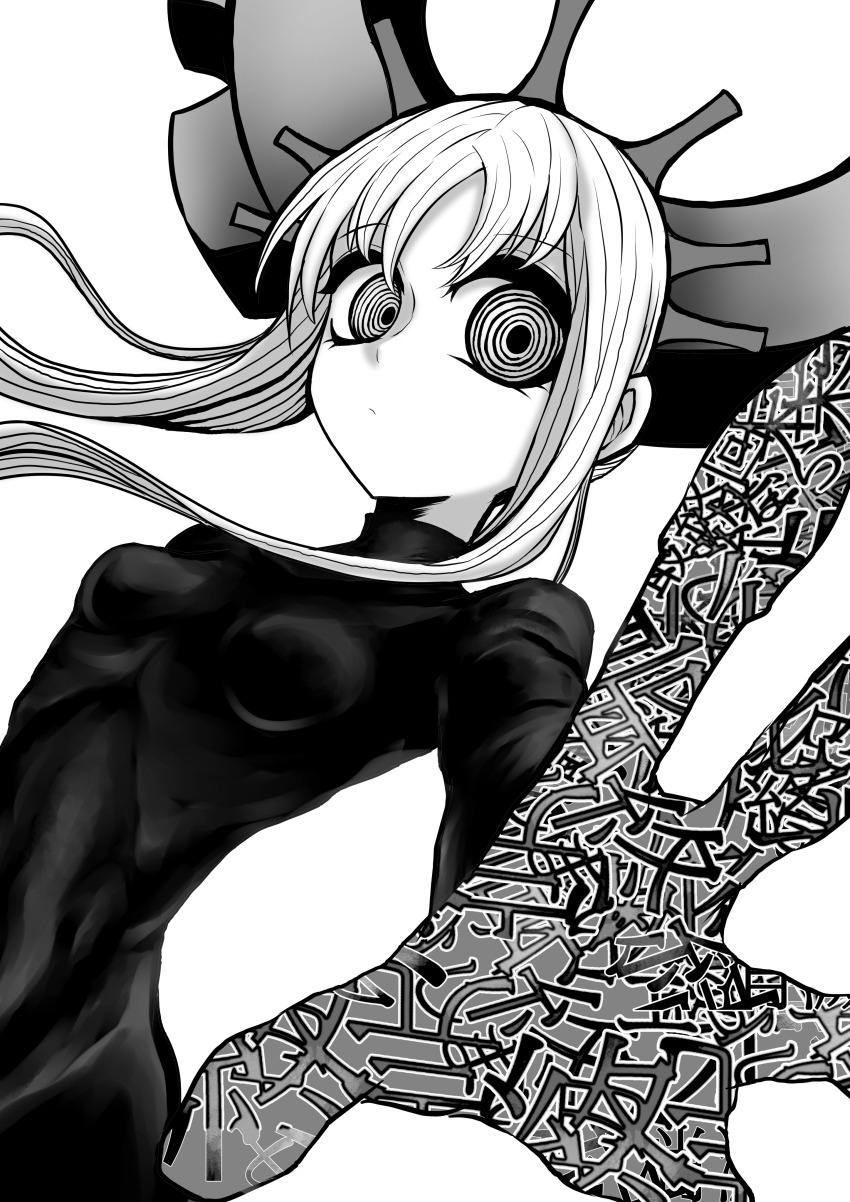 1girl, absurdres, breasts, commentary_request, deus_ex_maki-chan, dress, expressionless, greyscale, highres, horns, long_hair, mechanical_horns, monochrome, nazo_no_diaboro, original, reaching, reaching_towards_viewer, ringed_eyes, small_breasts, solo, tight_clothes, upper_body, variant_set