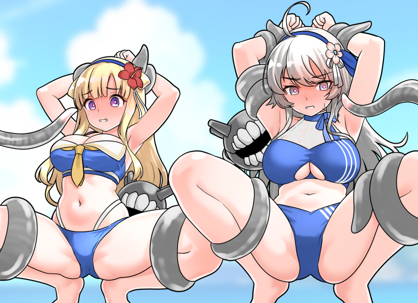 2girls, abyssal_ship, ahoge, arms_up, bikini, blonde_hair, blue_bikini, blue_eyes