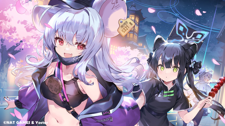 3girls, animal_ears, artist_request, black_hair, blue_archive, breasts, casual, china_dress, chinese_clothes, collarbone, commentary_request, dress, fang, food, green_eyes, grey_hair, hair_between_eyes, halo, highres, jacket, kirino_(blue_archive), looking_at_viewer, medium_breasts, midriff, mouse_ears, mouse_tail, multiple_girls, night, official_alternate_costume, official_art, open_mouth, petals, red_eyes, saya_(blue_archive), saya_(casual)_(blue_archive), shanzha_(fruit), shorts, shun_(blue_archive), shun_(small)_(blue_archive), tail, tanghulu, tree