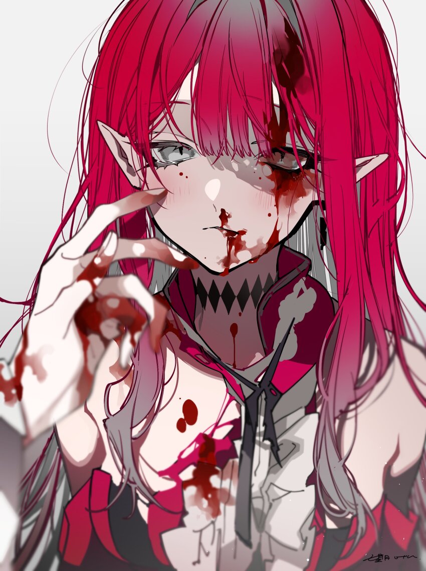 1girl, baobhan_sith_(fate), baobhan_sith_(first_ascension)_(fate), blood, blood_in_hair, blood_in_mouth, blood_on_body, blood_on_clothes, blood_on_face, blood_on_hands, blood_on_nose, blurry, blurry_foreground, closed_mouth, commentary, dress, fate/grand_order, fate_(series), green_eyes, grey_background, highres, injury, long_hair, long_sleeves, looking_at_viewer, mochizuki_kei, pointy_ears, red_dress, red_hair, signature, simple_background, solo_focus, tearing_up, torn_clothes, torn_dress