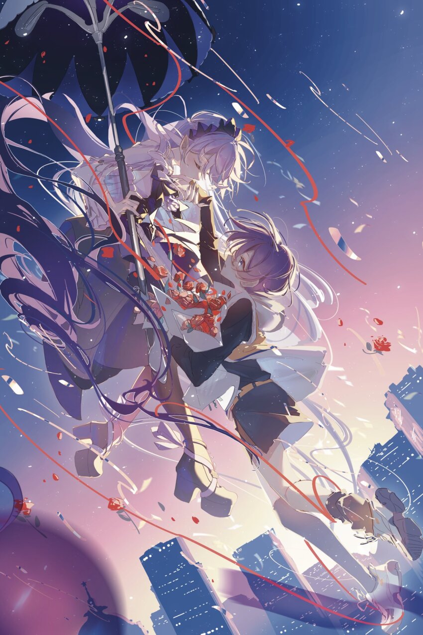 13165075695, 2girls, ascot, belle_(zenless_zone_zero), black_nails, black_pantyhose, black_skirt, blue_eyes