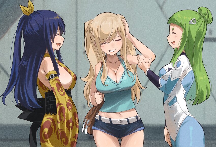 3girls, belt, blonde_hair, blue_bodysuit, blue_hair, blue_shorts, blue_tank_top, bodysuit