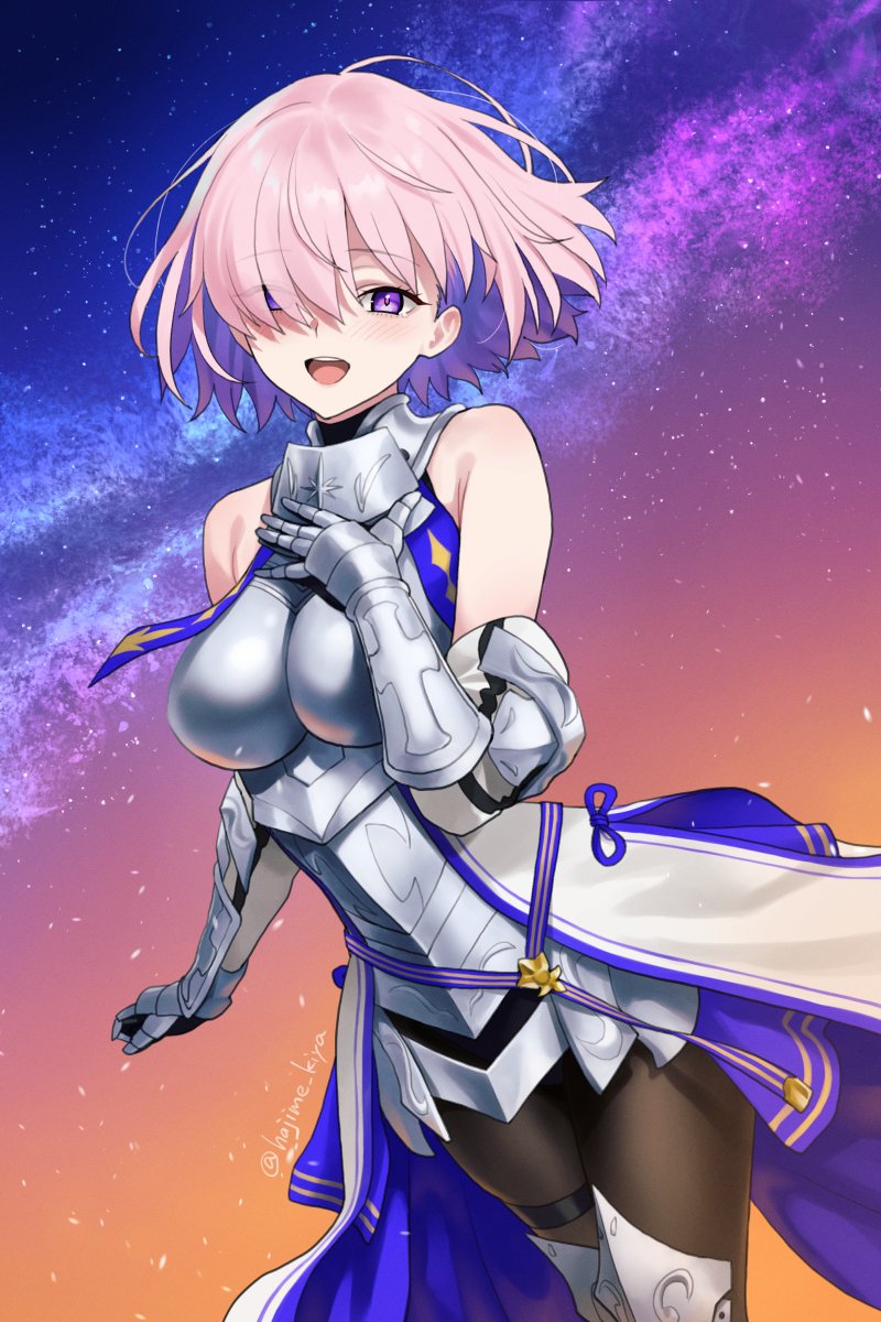 1girl, :d, armor, armored_boots, bare_shoulders, blush, boots, breastplate
