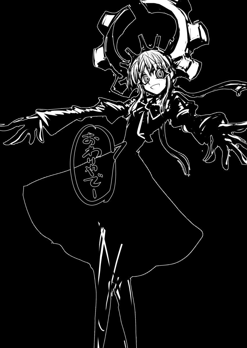 1girl, absurdres, deus_ex_maki-chan, dress, high_contrast, highres, horns, looking_at_viewer, mechanical_horns, monochrome, nazo_no_diaboro, open_mouth, original, outstretched_arms, ringed_eyes, sketch, smile, solo, wide-eyed