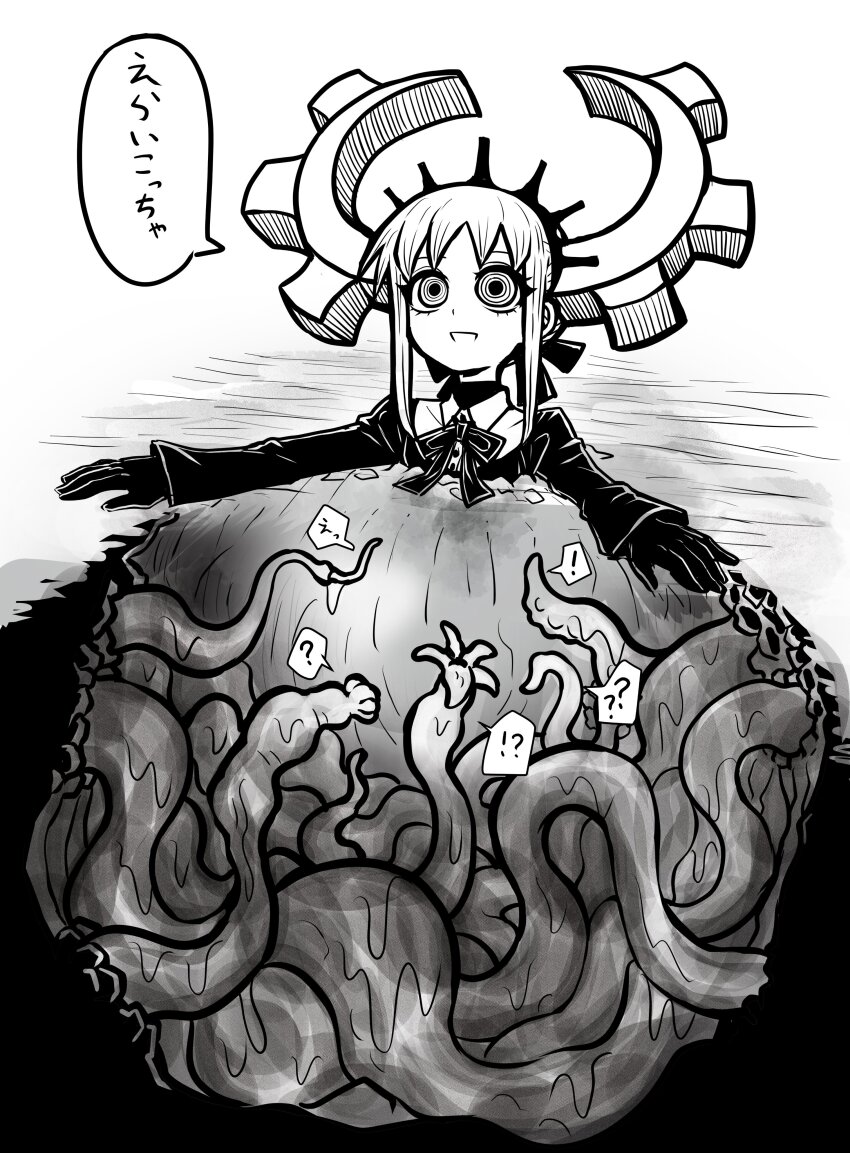 !?, 1girl, ?, absurdres, confused, deus_ex_maki-chan, dress, gloves, greyscale, highres, horns, kankaku_shadan, mechanical_horns, monochrome, nazo_no_diaboro, original, ringed_eyes, smile, solo, tentacles, through_ground, wide-eyed