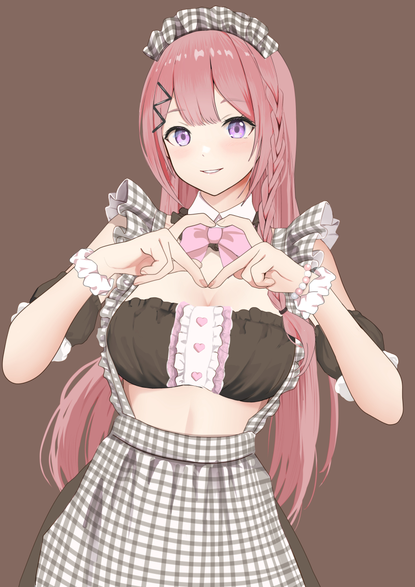 1girl, absurdres, apron, black_tube_top, bow, bowtie, brown_background, commentary_request