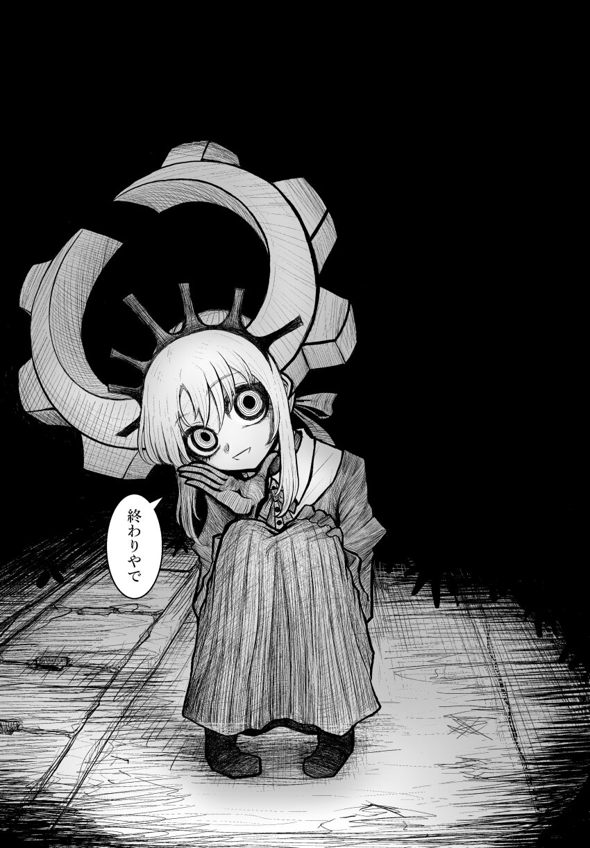 1girl, absurdres, dark, deus_ex_maki-chan, dress, full_body, gloves, greyscale