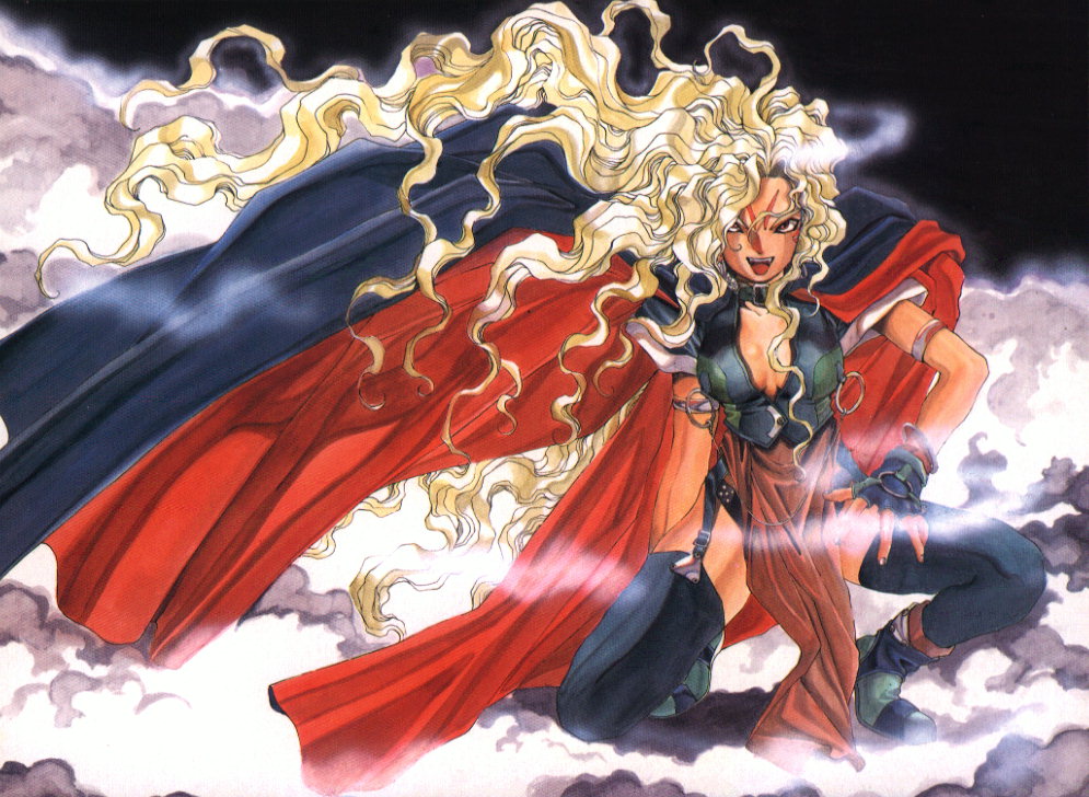 1990s_(style), 1girl, aa_megami-sama, blonde_hair, bracelet, breasts, cape, cleavage