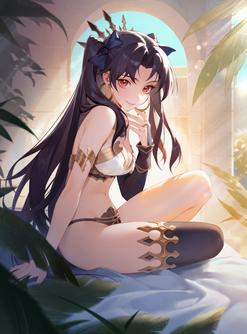 1girl, armlet, bikini, black_hair, bow, breasts, closed_mouth, earrings