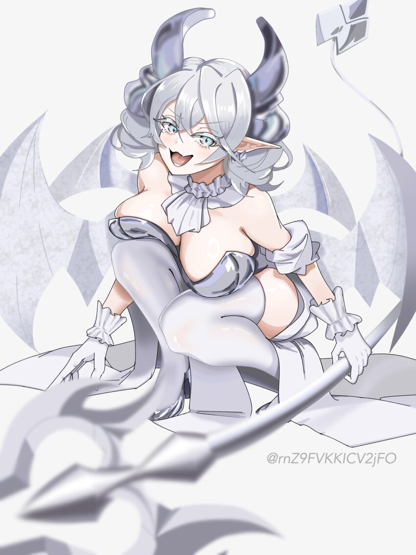1girl, bare_shoulders, blurry, blurry_foreground, breasts, cleavage, demon_girl, demon_horns, demon_tail, demon_wings, dress, drill_hair, duel_monster, earrings, full_body, grey_eyes, grey_hair, highres, holding, holding_weapon, horns, jewelry, large_breasts, lovely_labrynth_of_the_silver_castle, multiple_wings, pointy_ears, sagyo_nemunemu, solo, tail, thighhighs, twin_drills, weapon, white_dress, white_thighhighs, white_wings, wings, yu-gi-oh!