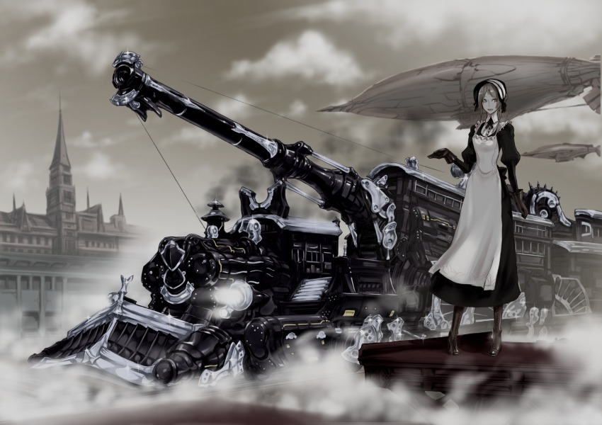 1girl, aircraft, airship, apron, boots, dirigible, gloves, highres, ishinarimaru_shouten, maid, maid_apron, pixiv_steampunk, railway_gun, steampunk, train