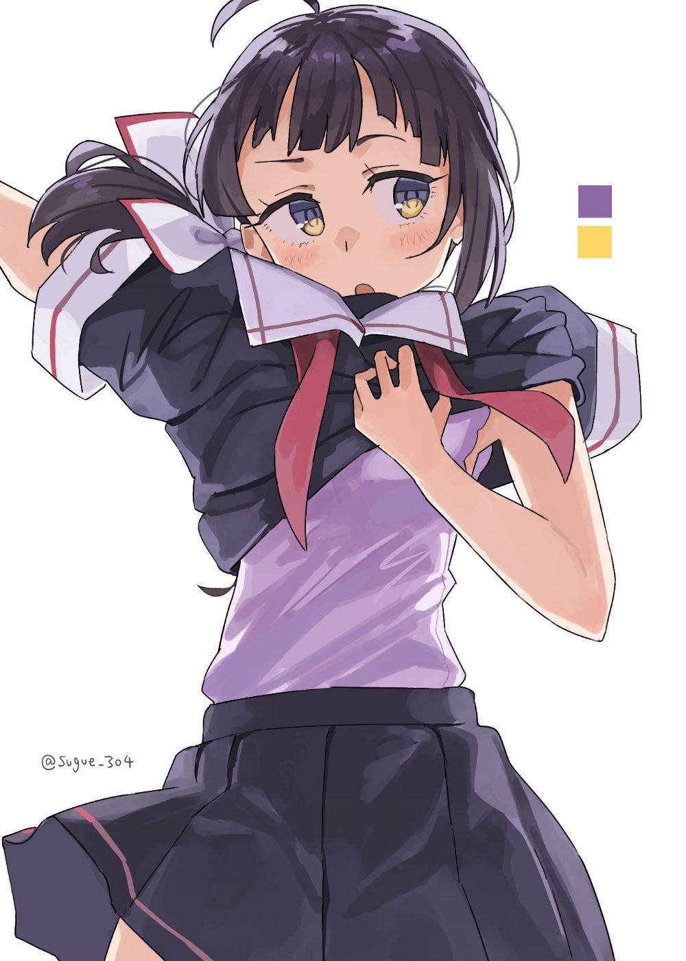 1girl, ahoge, black_hair, black_serafuku, black_shirt, black_skirt, cosplay, cowboy_shot