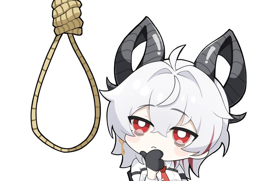 1girl, armband, bags_under_eyes, black_armband, black_gloves, black_horns, bright_pupils, busido_(taisei_0820)