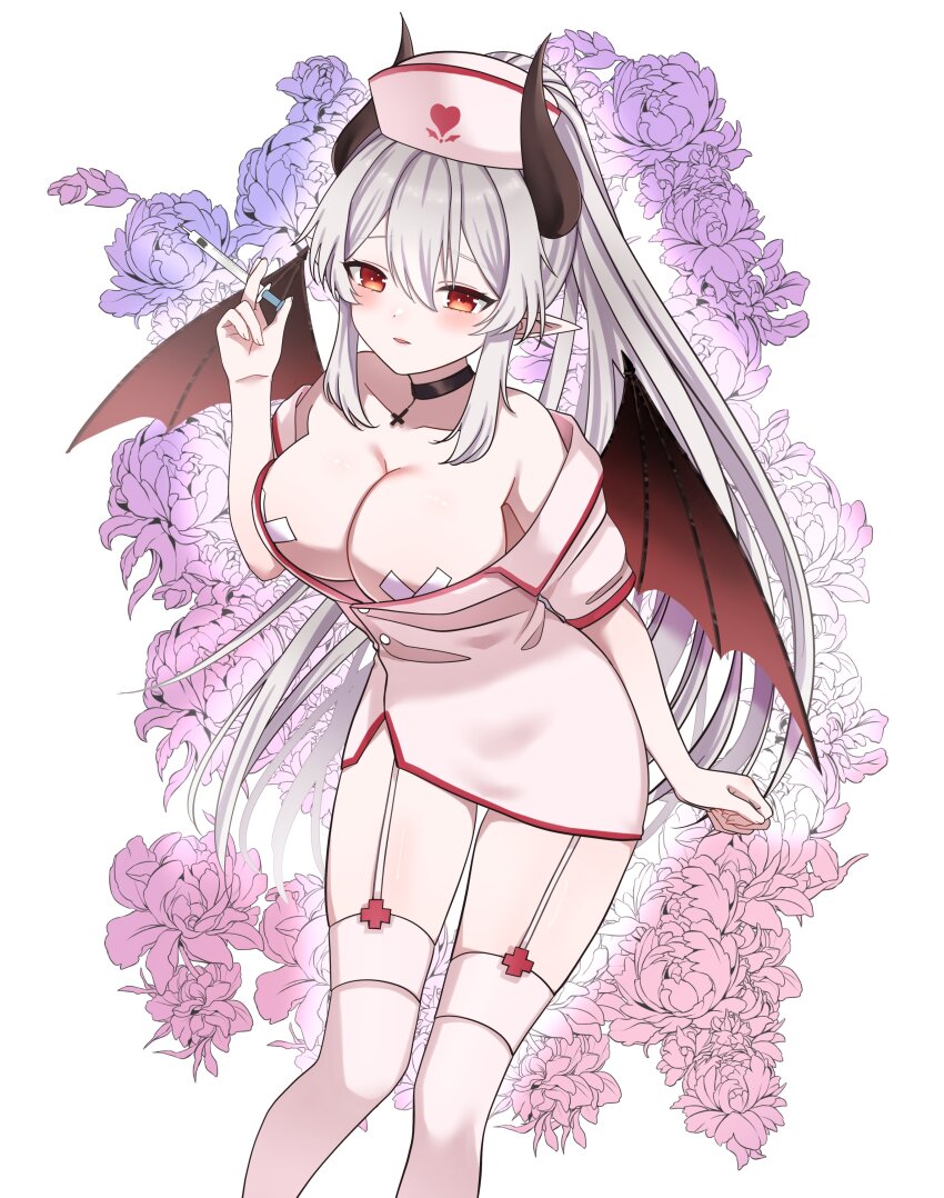 1girl, absurdres, bare_shoulders, bat_wings, black_choker, black_horns, breasts, buttons
