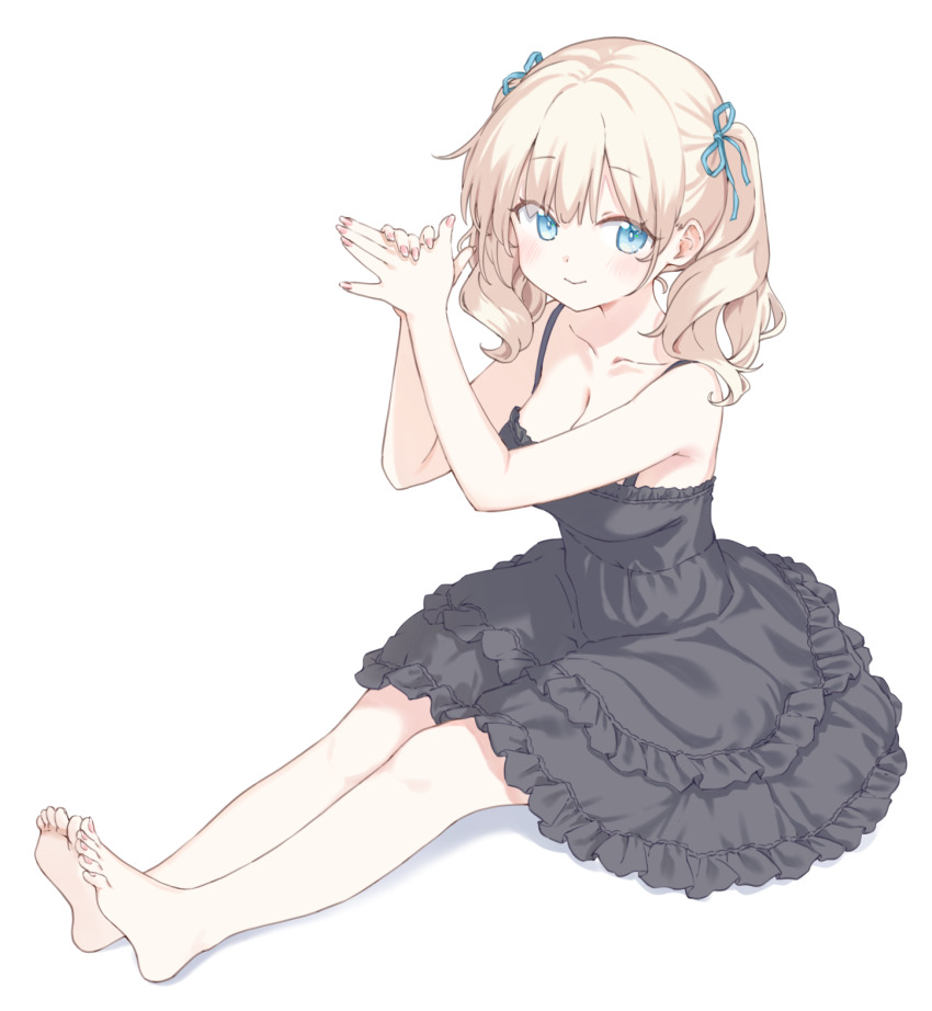 1girl, aqua_eyes, barefoot, black_dress, blonde_hair, breasts, cleavage, closed_mouth