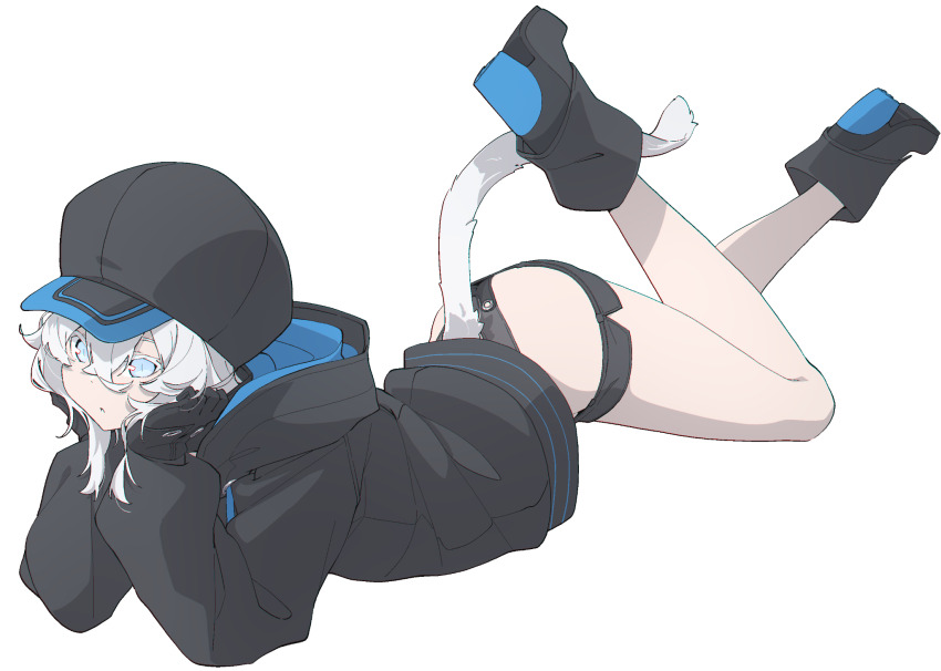 1girl, black_gloves, black_hat, black_jacket, black_shorts, blue_eyes, boots, cat_tail