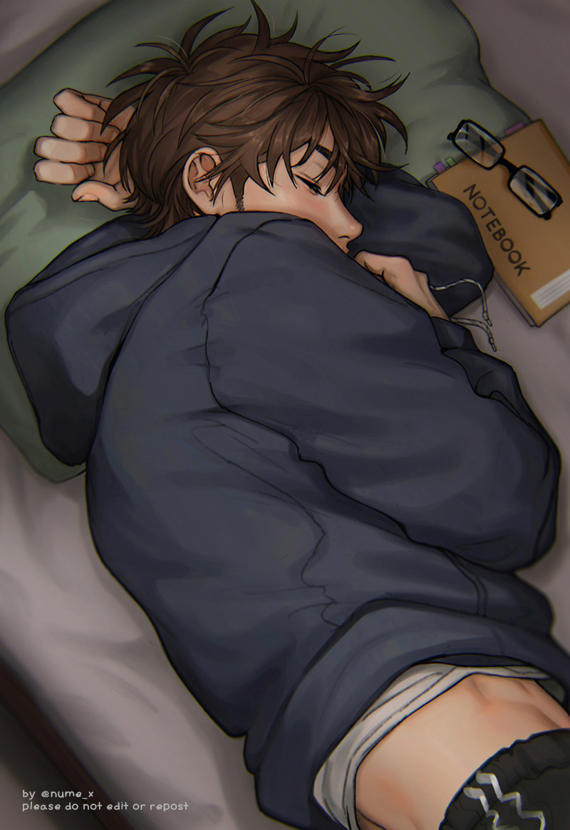 1boy, ace_of_diamond, brown_eyes, brown_hair, closed_eyes, from_side, glasses, hood