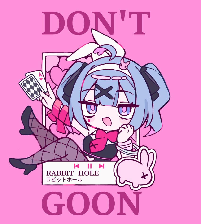 1girl, absurdres, ace_(playing_card), ace_of_hearts, animal_ear_hairband, animal_ears, black_leotard, black_ribbon, blue_hair, bracelet, card, chibi, chibi_only, commentary, english_commentary, english_text, fake_animal_ears, fast_forward_button, fishnet_pantyhose, fishnets, full_body, hair_ornament, hairband, hatsune_miku, heart, highres, holding, holding_card, jewelry, leotard, melonbread, pantyhose, pink_background, play_button, playboy_bunny, playing_card, rabbit_ear_hairband, rabbit_ears, rabbit_hole_(vocaloid), red_ribbon, rewind_button, ribbon, simple_background, solo, song_name, twintails, vocaloid, wrist_ribbon, x_hair_ornament, x_x