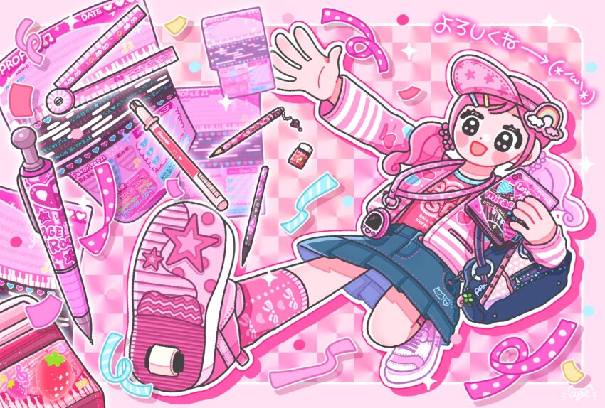 1girl, agechan007, bag, bag_charm, baseball_cap, blue_bag, blue_skirt, charm_(object), clover, commentary_request, confetti, eraser, four-leaf_clover, handbag, hat, heelys, heisei_retro, highres, holding, jacket, lanyard, long_hair, long_sleeves, open_clothes, open_jacket, original, pen, pink_hair, pink_hat, pink_jacket, pink_shirt, pink_shoes, pink_socks, pink_theme, rainbow, ruler, shirt, shoes, side_ponytail, skirt, socks, solo, stationery, tamagotchi, tamagotchi_(virtual_pet), tamagotchi_meets, translation_request, virtual_pet_(toy), walking