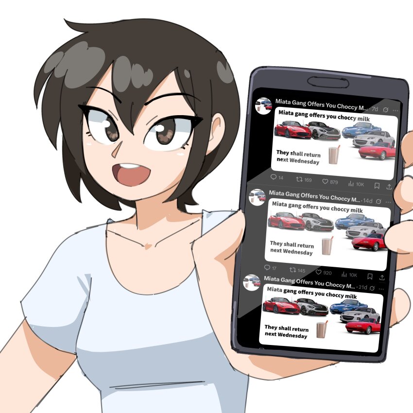 1girl, absurdres, breasts, brown_eyes, brown_hair, cellphone, collarbone, commentary