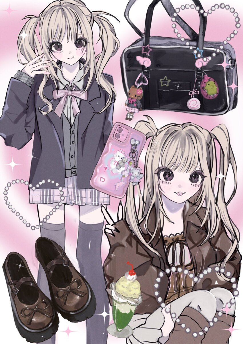 1girl, bag, bag_charm, bead_charm, beads, black_coat, black_thighhighs, blonde_hair, bo_chan1128, brown_camisole, brown_jacket, brown_leg_warmers, brown_shoes, camisole, cellphone, cellphone_charm, character_charm, charm_(object), cherry, coat, commentary, cup, dolphin, fashion, food, fruit, gyaru, heart, hello_kitty, hello_kitty_(character), highres, ice_cream, ice_cream_float, jacket, kogal, kuchipatchi, leg_warmers, long_hair, mary_janes, multiple_views, open_clothes, open_jacket, original, phone, pink_ribbon, plaid_clothes, plaid_skirt, rhinestone, ribbon, sanrio, school_bag, school_uniform, shoes, skirt, smartphone, squatting, untranslatable_commentary, tamagotchi, tan_hello_kitty, thighhighs, two_side_up, unworn_shoes, v, white_skirt, zettai_ryouiki