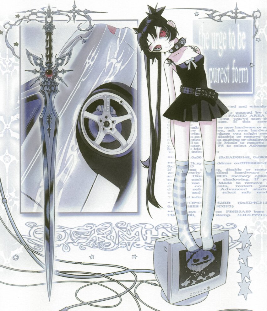1girl, absurdres, acid_graphics, belt, black_belt, black_dress, black_hair, bow, car, collar, crt, cyber_sigilism, dress, english_text, highres, long_hair, looking_at_viewer, monitor, motor_vehicle, original, red_eyes, socks, solo, spiked_collar, spikes, standing, striped_clothes, striped_socks, sword, tattoo, twintails, very_long_hair, vinne, weapon, white_background, white_bow, white_socks