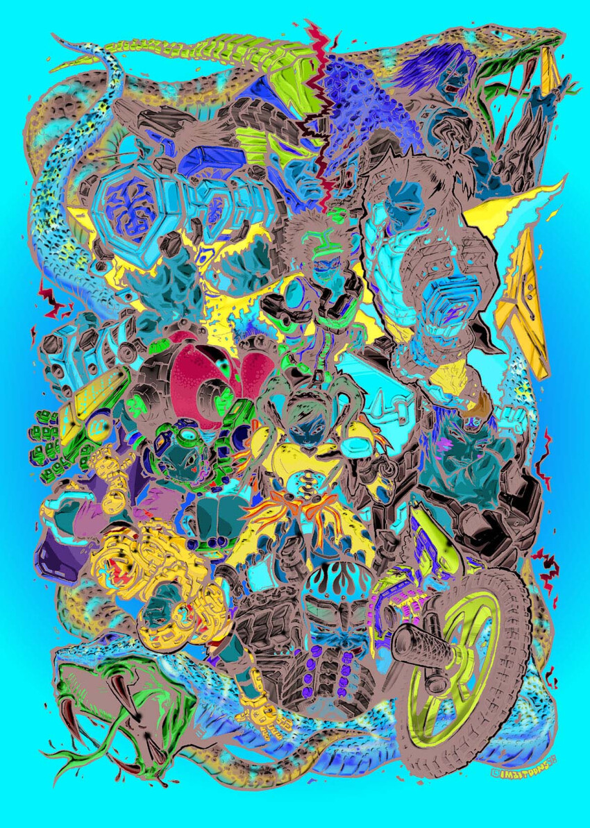 4girls, 6+boys, armor, armored_dress, bahn, bicycle, big_mahler_(fighting_vipers), biker_clothes