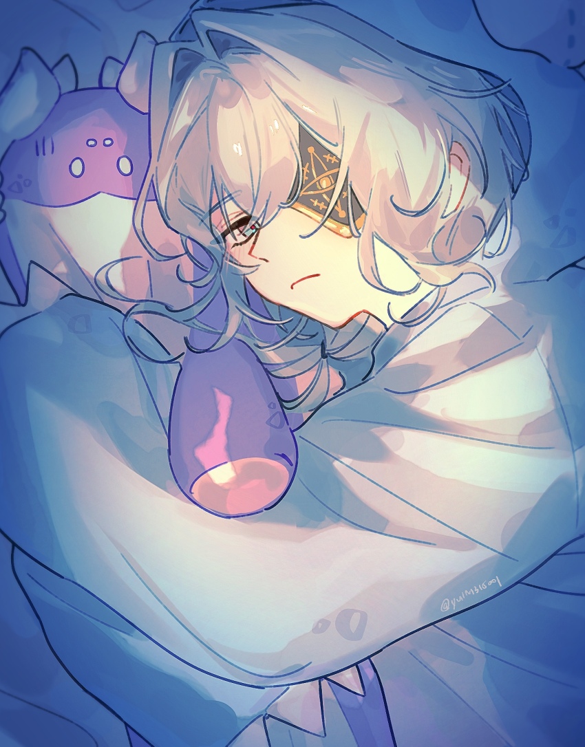 1boy, alternate_costume, anaxa_(honkai:_star_rail), anaxa_(whatsamatta)_(honkai:_star_rail), blue_eyes, closed_mouth, eyepatch, highres